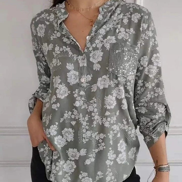 Women's Elegant Floral Sequin Pocket Blouse