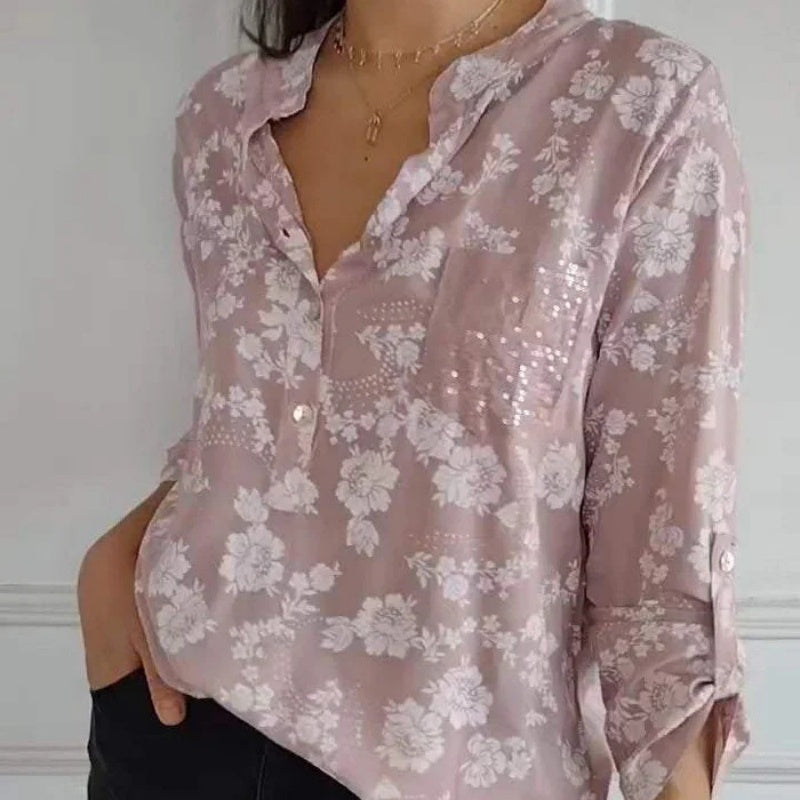 Women's Elegant Floral Sequin Pocket Blouse