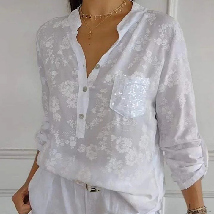 Women's Elegant Floral Sequin Pocket Blouse