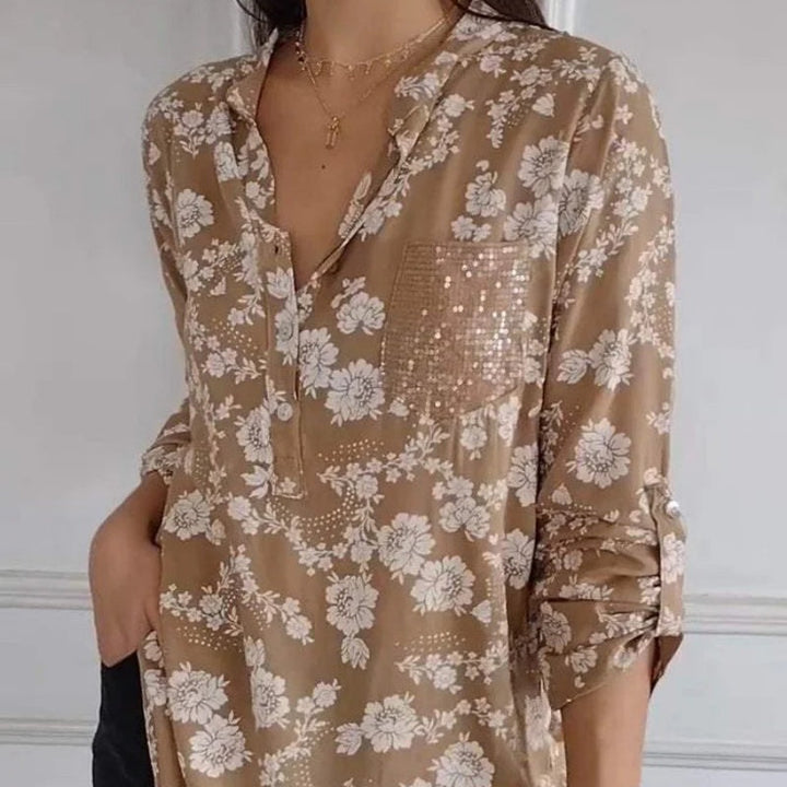 Women's Elegant Floral Sequin Pocket Blouse