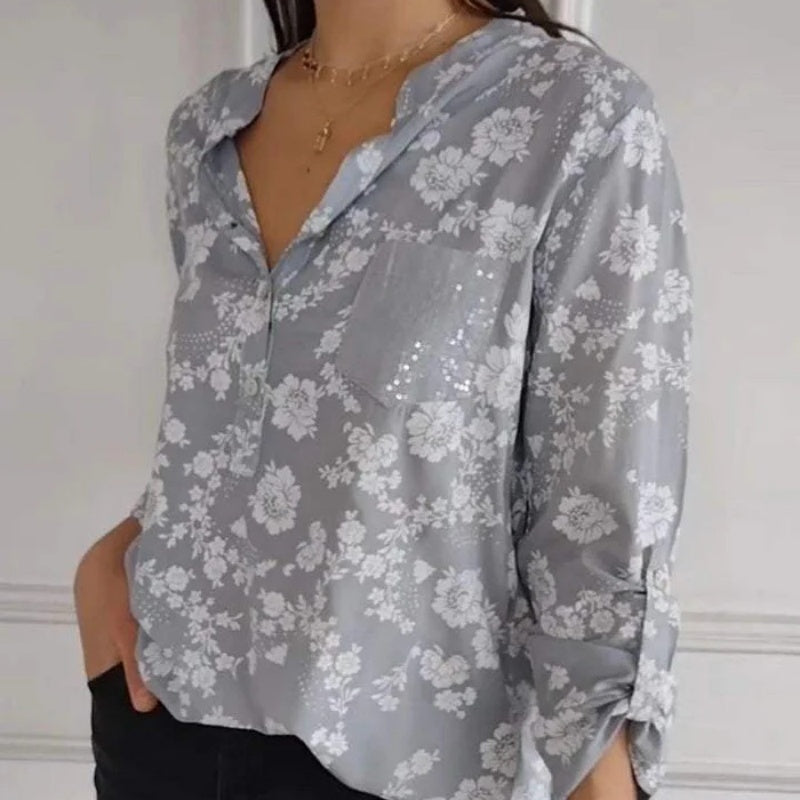 Women's Elegant Floral Sequin Pocket Blouse