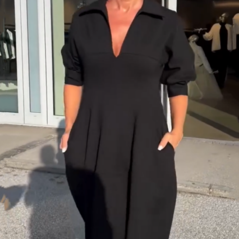 Women's Flattering V-Neck Midi Dress with Pockets