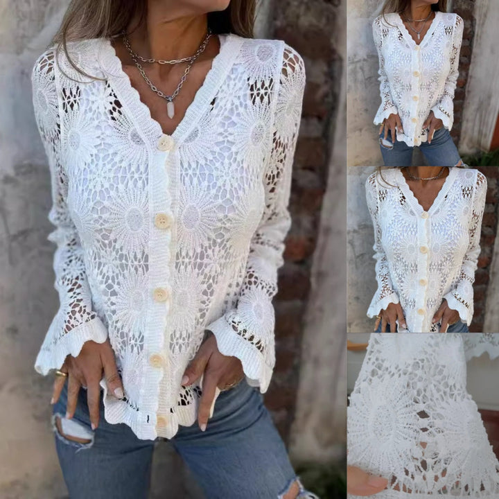 Elegant Women’s V-Neck Crochet Lace Blouse