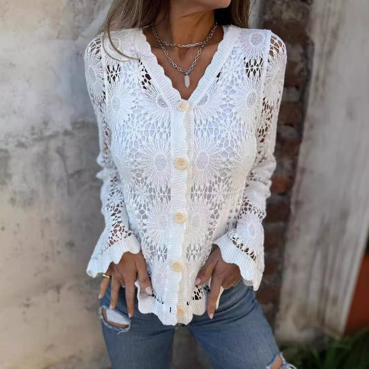 Elegant Women’s V-Neck Crochet Lace Blouse