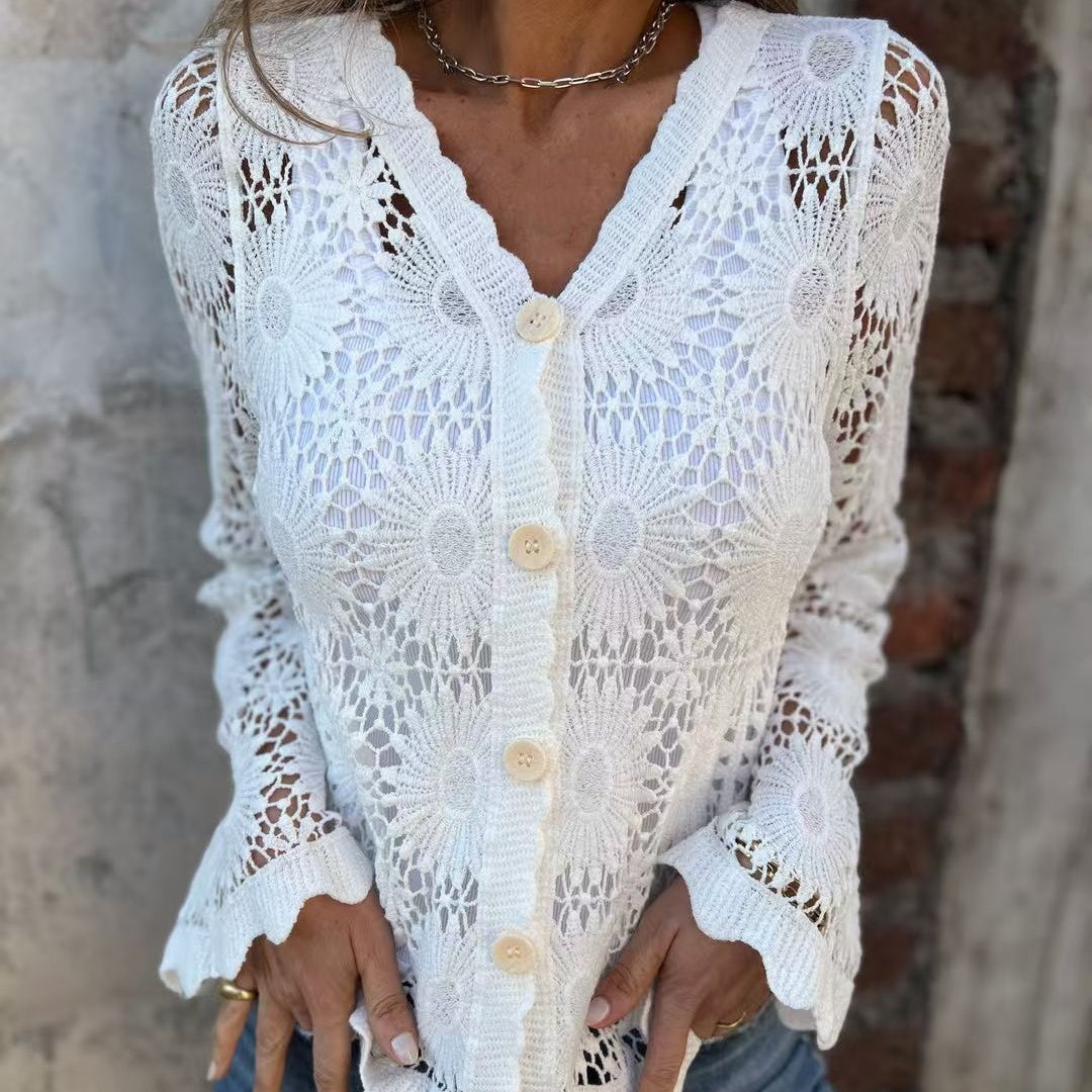 Elegant Women’s V-Neck Crochet Lace Blouse