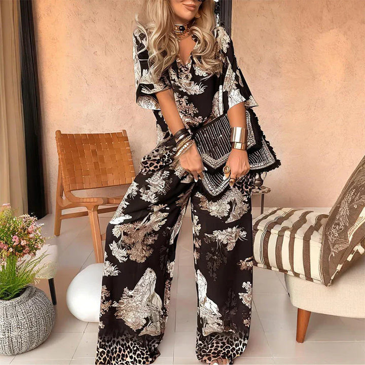 Women’s Lightweight Printed Two-Piece Outfit with Wide-Leg Pants