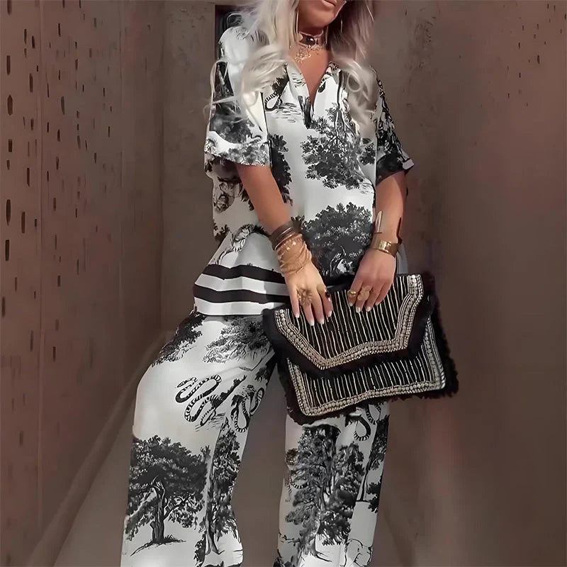 Women’s Lightweight Printed Two-Piece Outfit with Wide-Leg Pants