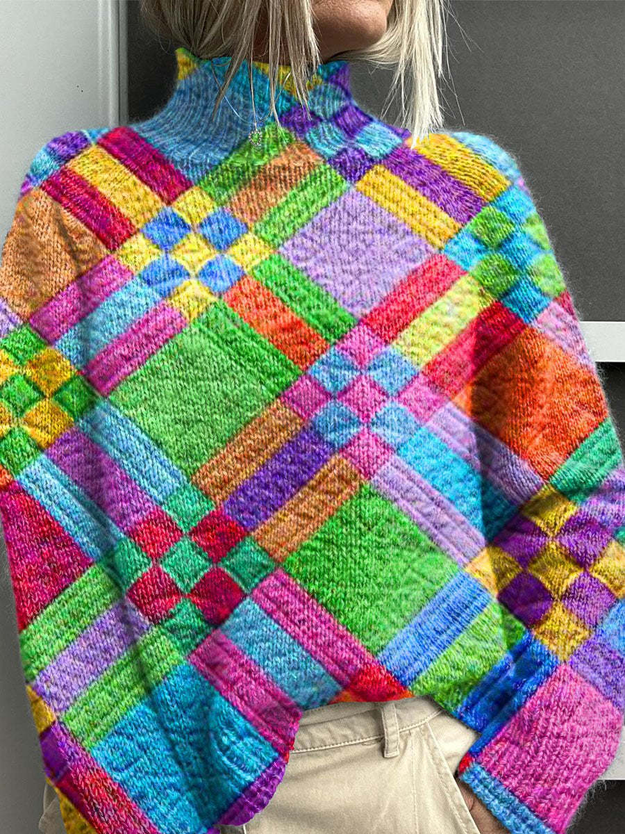 Blød strikket rullekravetrøje i farveblok til kvinder