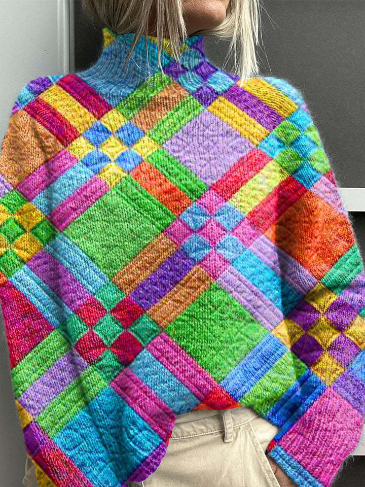 Blød strikket rullekravetrøje i farveblok til kvinder