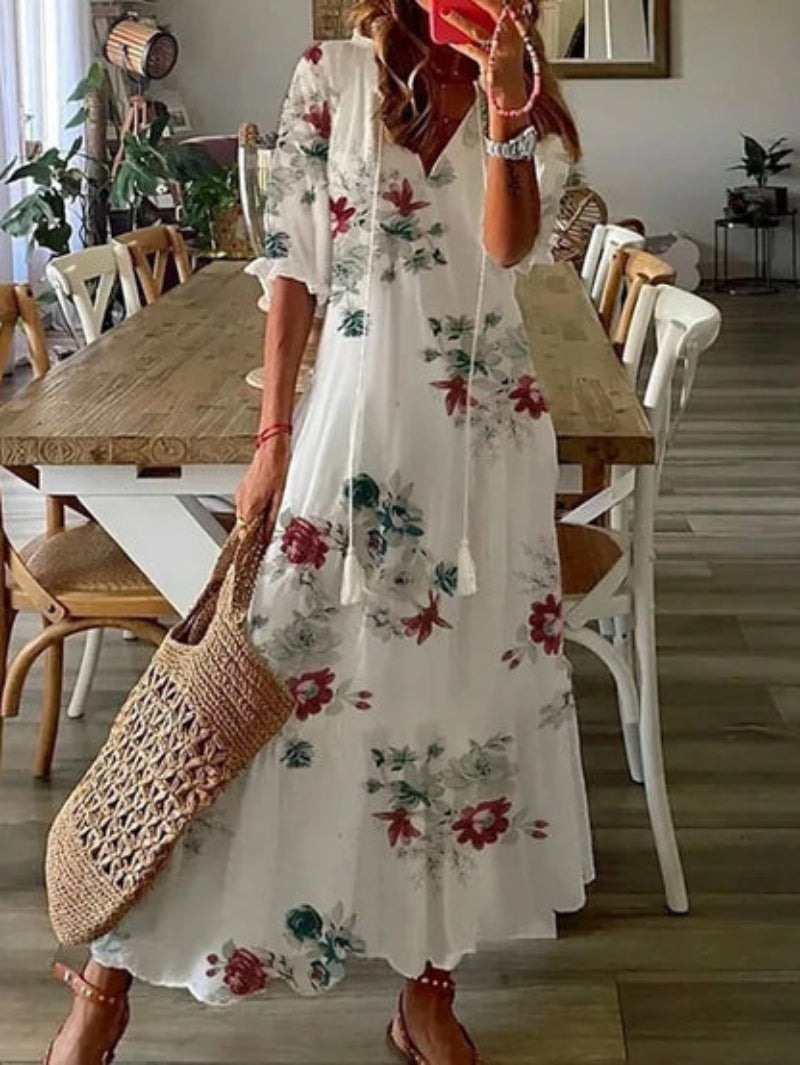 Women Boho Vintage V-Neck Dress Lightweight